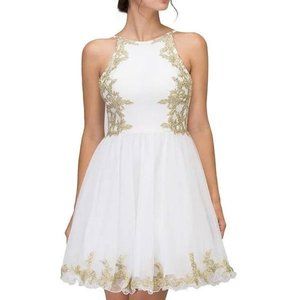 Eureka Fashion - 6026 Gold Appliqued Halter Cocktail Dress